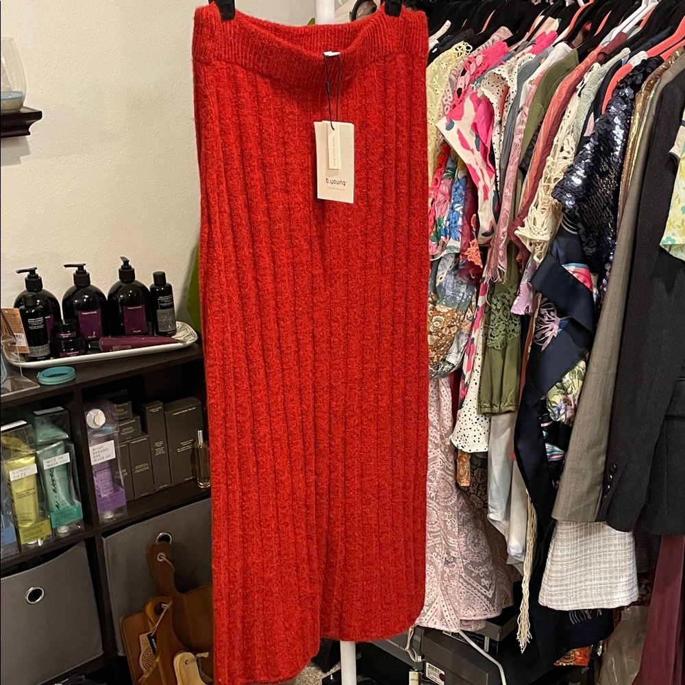 B. Young Elegant Deep Red Wool Knit Maxi Skirt